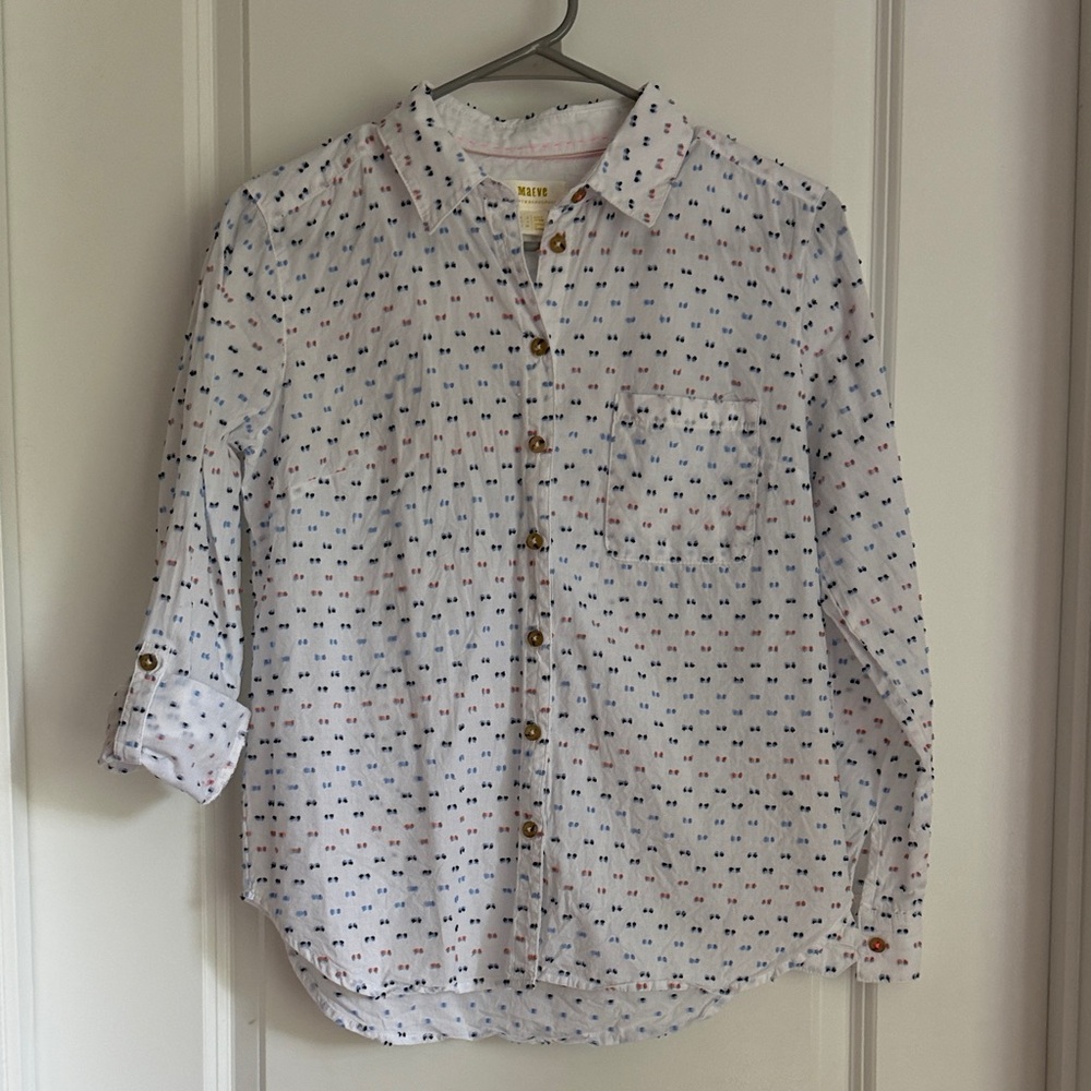 Maeve by Anthropologie White Button-Down Shirt with Navy and pink Dot Print
